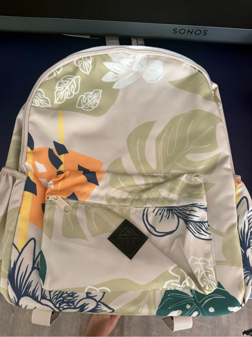 Reef Botanical Print Backpack in Beige, Green & Orange